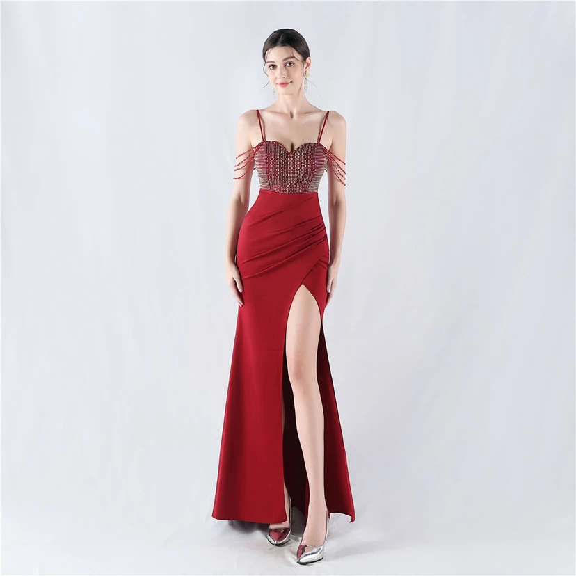 Hot Diamond Beaded High-Slit Satin Sexy Sling Evening Dress view 42
