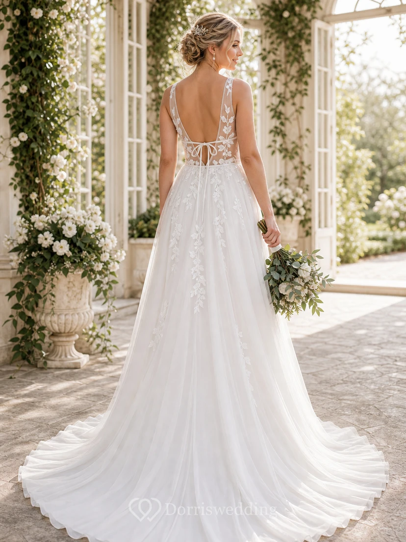 Sexy Boho-Brautkleid im Landhausstil mit V-Ausschnitt, ärmellos, A-Linie, Empire-Schnitt und Illusion-Schnitt aus Tüll – weiß view 2