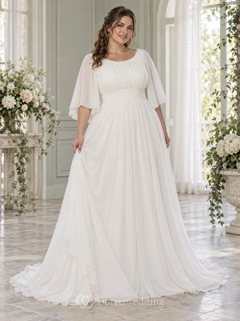 Vestido de novia de gasa de corte A con escote redondo discreto, mangas cortas con volantes y cintura fruncida.