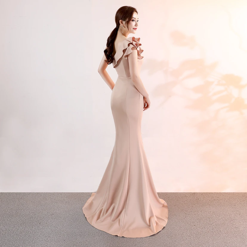 Vestido de noche elegante y distinguido para banquetes, color rosa, largo, sexy y ajustado, estilo cola de pez. view 16