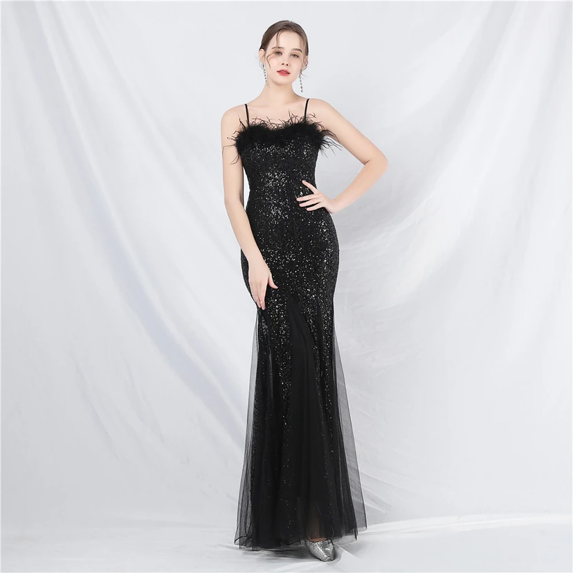 Craft Ostrich Feather Mesh Sequined Long Evening Dress view 55