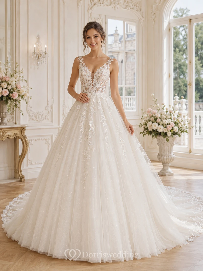 Robe de bal princesse en dentelle et tulle, robe de bal, col en V, sans manches, train chapelle