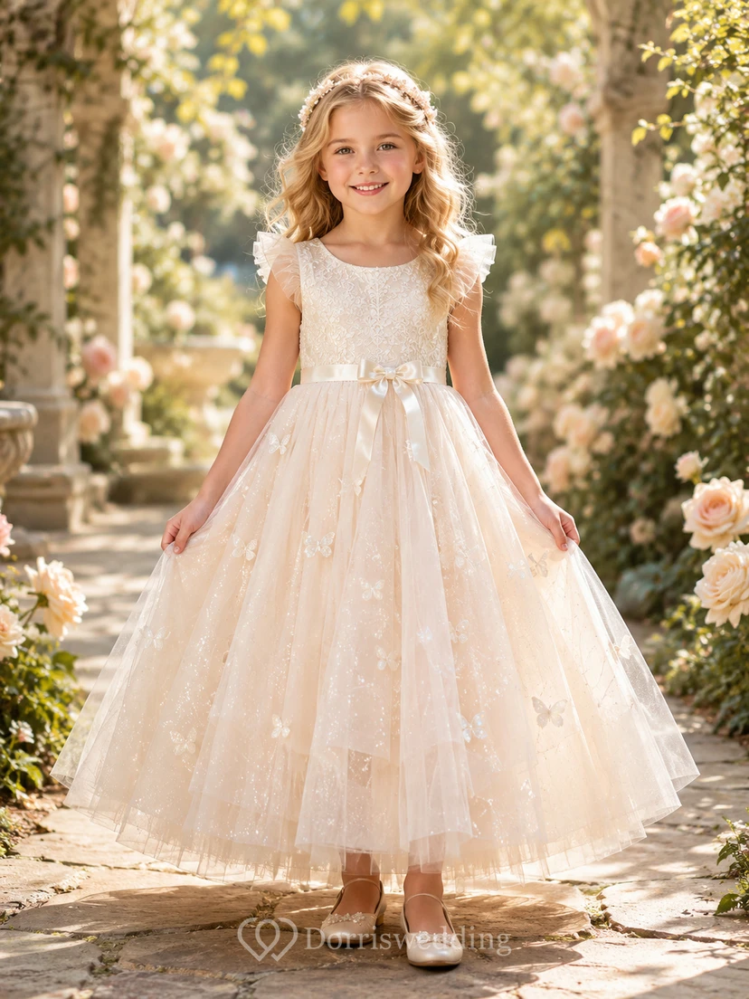 Vestido de niña de las flores, color marfil, encaje, tul, corte en A, cuello joya, largo hasta la rodilla.