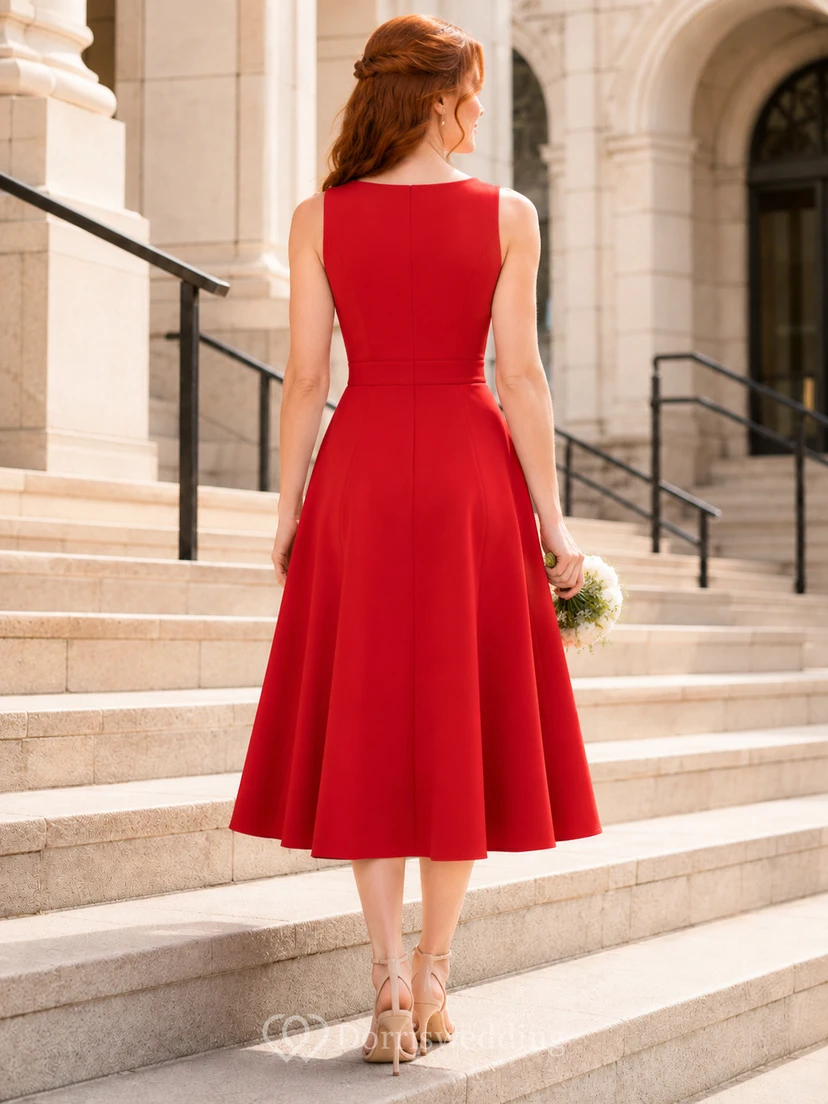 Rotes ärmelloses Midi-Hochzeitskleid im Courthouse-Stil mit U-Boot-Ausschnitt und A-Linie view 2