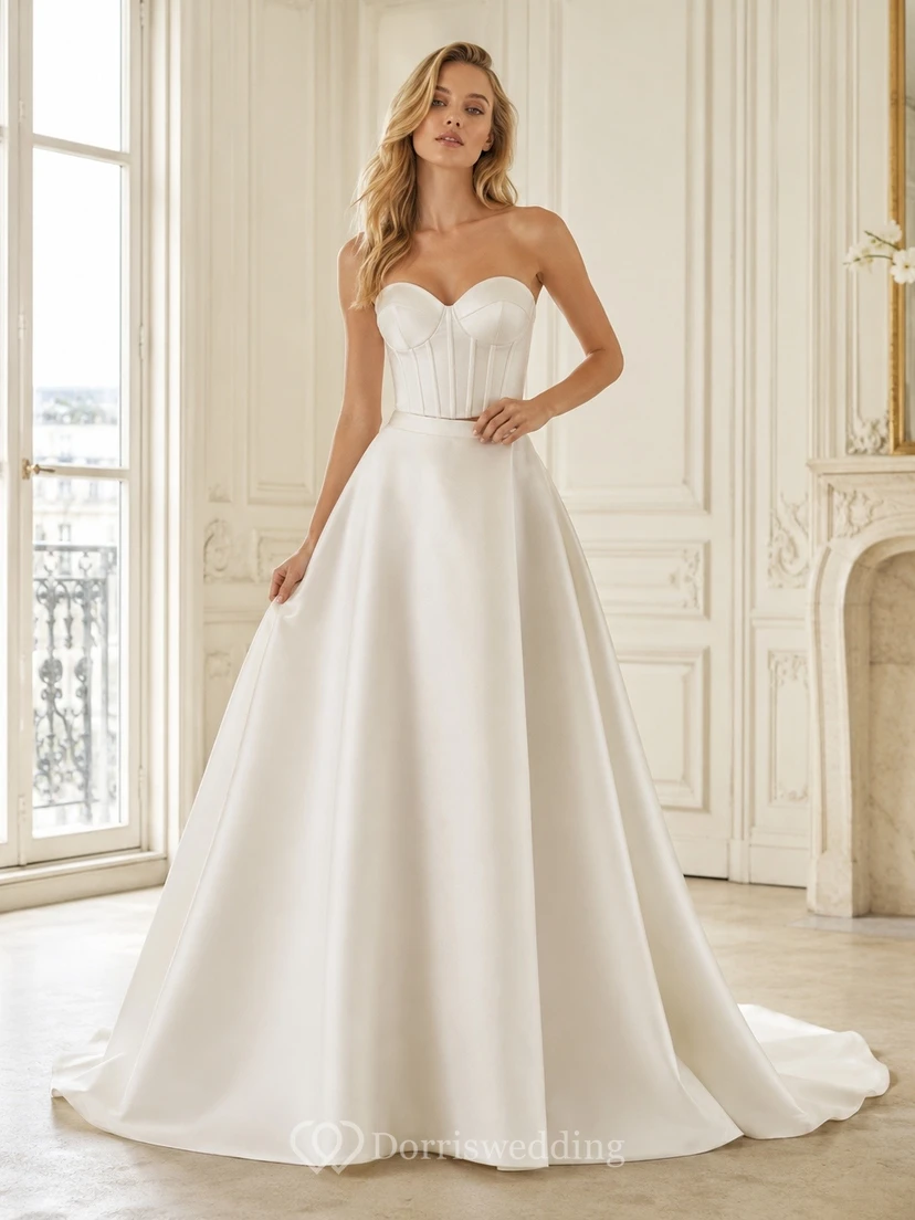 Two Square Modern Piece Neck Satin Bridal Classic Wedding Dress