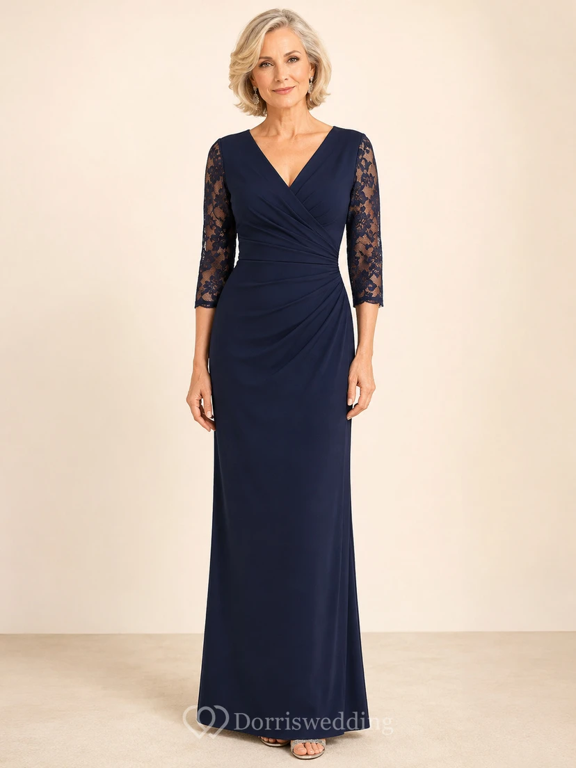 Dark Navy Floor-Length Sheath Elegant Mother of the Bride Gown with V-Neck Three-Quarter Lace Sleeves and Diagonal Ruching