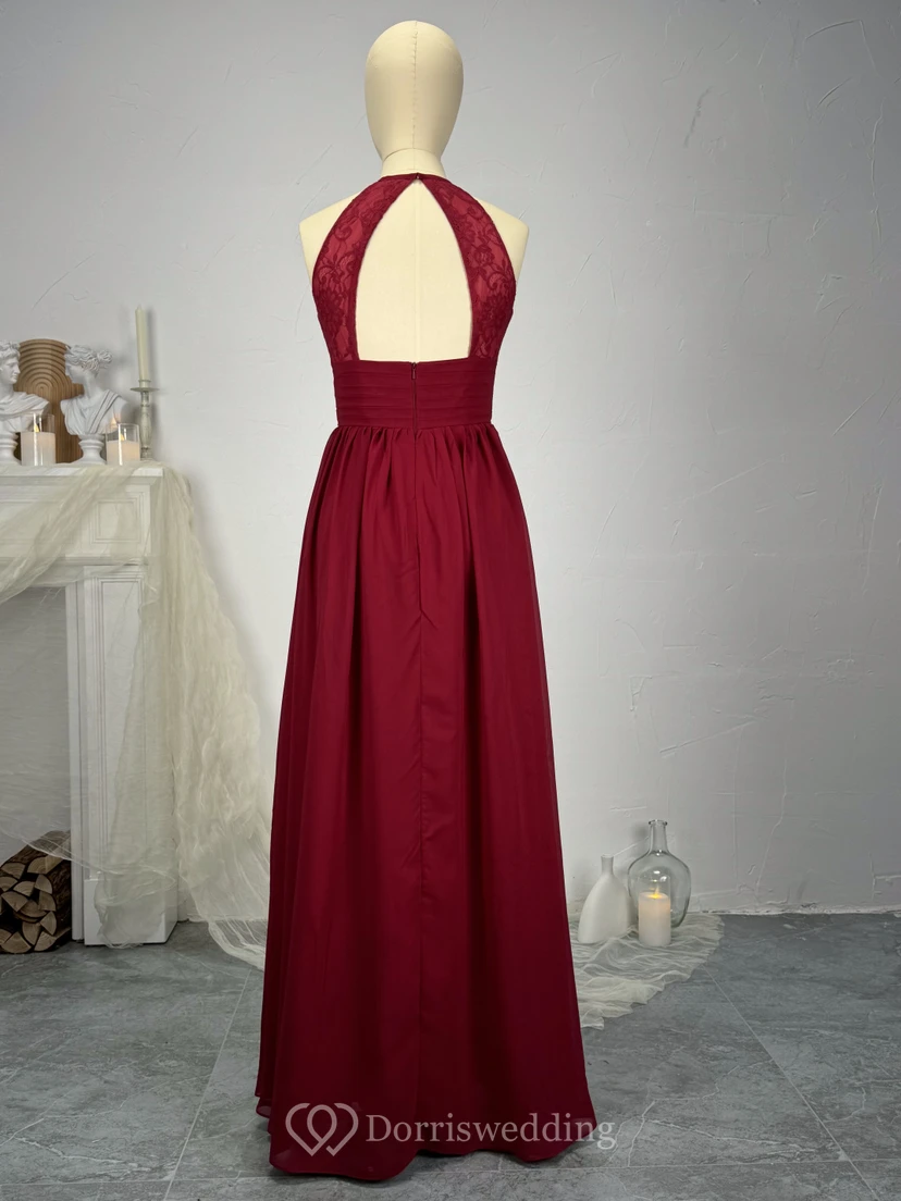 Robe de demoiselle d'honneur rose poudré sans manches en mousseline avec détails en dentelle et dos nu en forme de goutte d'eau view 2