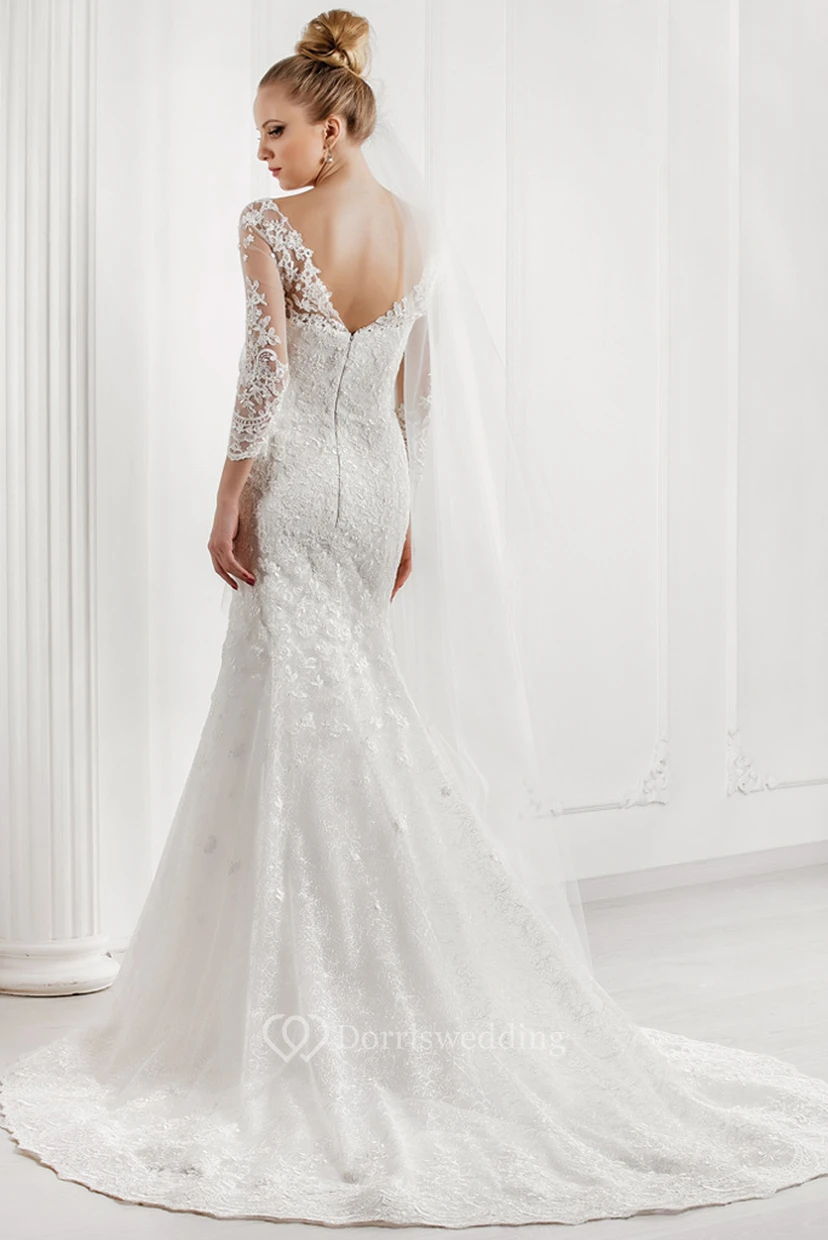 Mermaid Appliqued V-Neck 3-4 Sleeve Lace Wedding Dress With Court Train view 2
