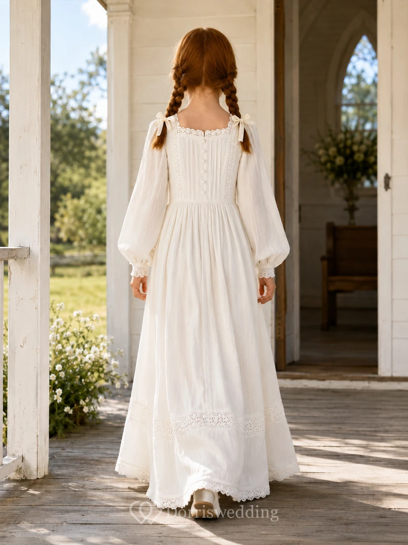 Vestido de Primera Comunión de encaje con cuello cuadrado y mangas abullonadas, estilo pradera view 2