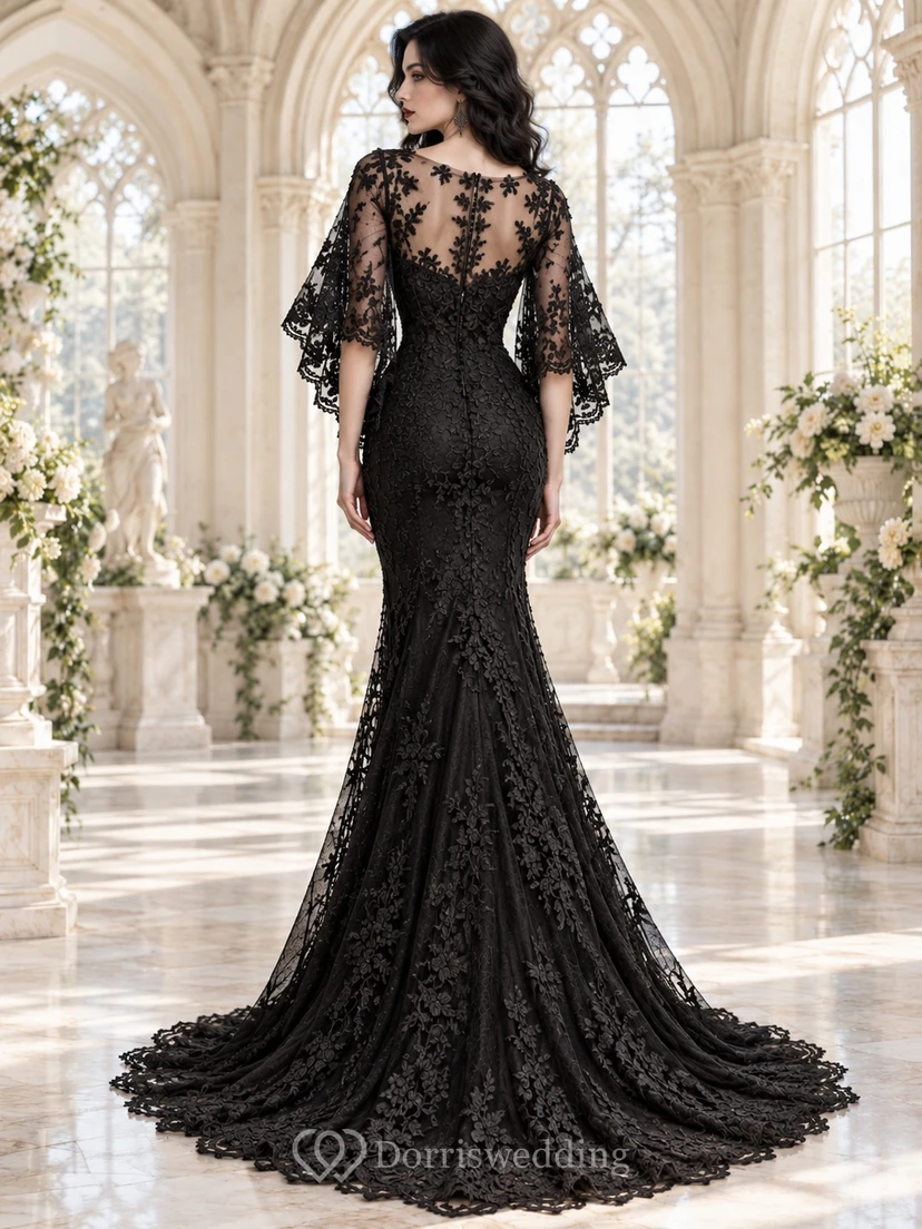 Robe sirène en dentelle noire gothique à encolure illusion et manches papillon view 2