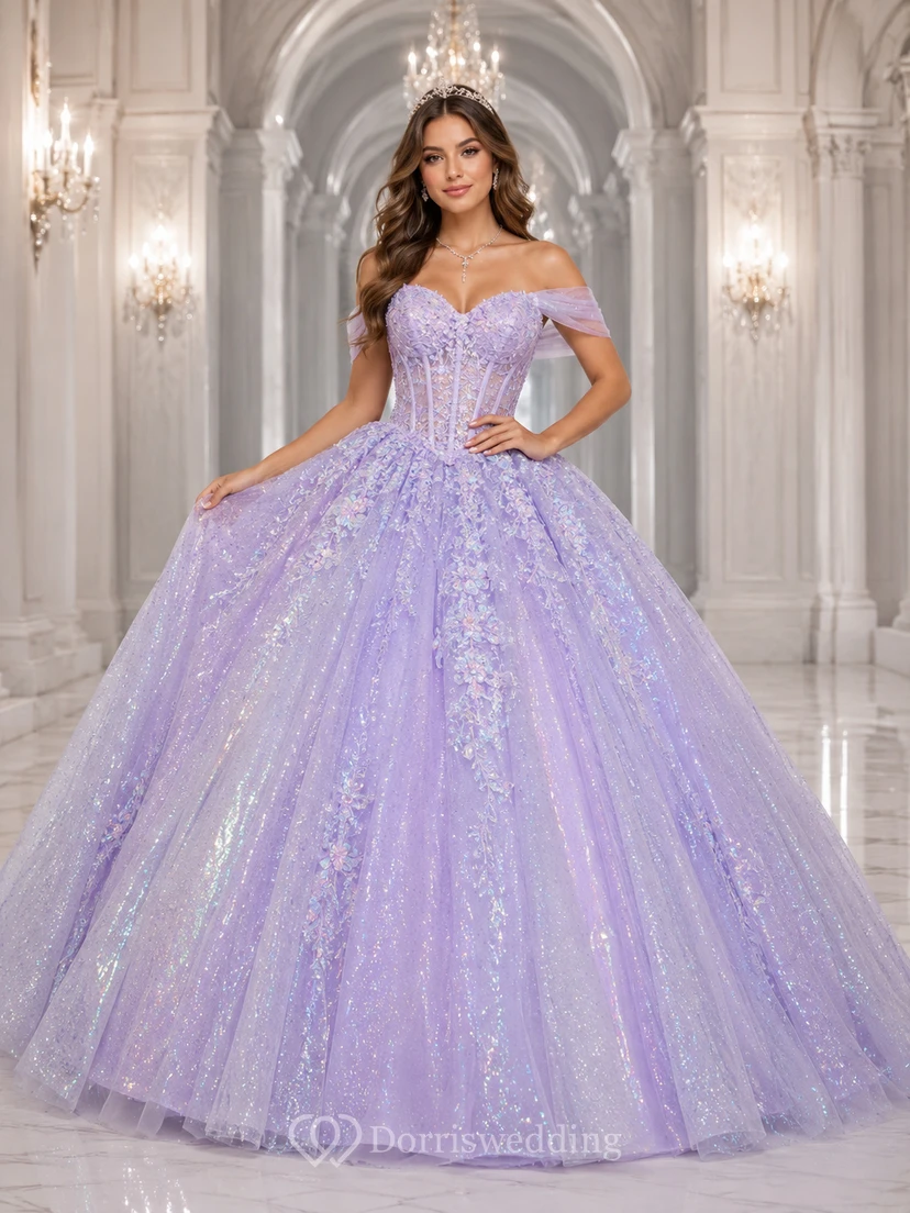 Robe de bal de princesse lilas de luxe à épaules dénudées en tulle à paillettes holographiques et épaules dénudées, ornée de paillettes holographiques, pour quinceañera