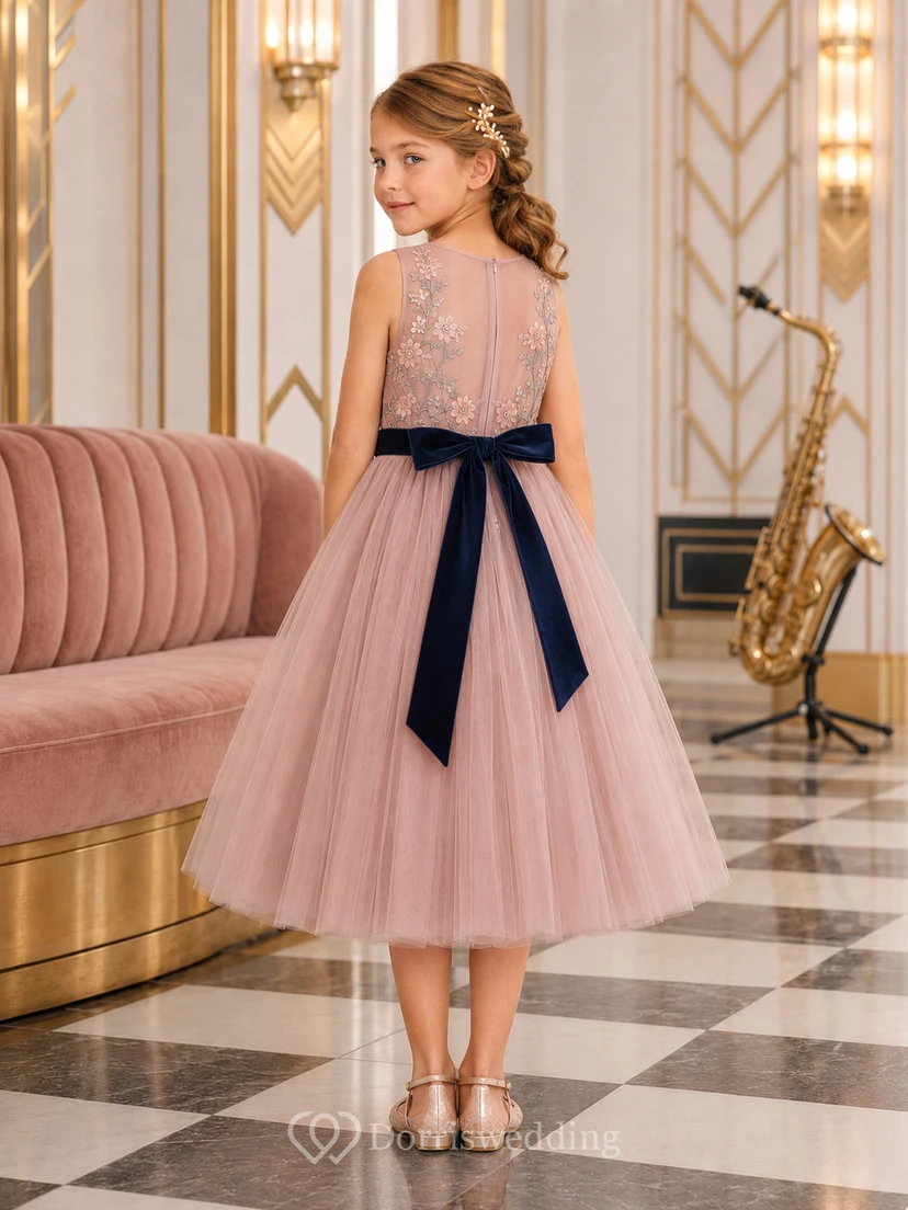 Dusty Rose Flower Girl Dress Tea-Length Embroidered Tulle A-Line Sleeveless Illusion Scoop Navy Velvet Bow view 2