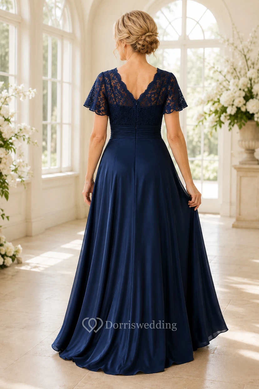 MOB-Kleid Dunkelblau Satin Spitze A-Linie Kurzarm V-Ausschnitt Bodenlang Plissee view 2