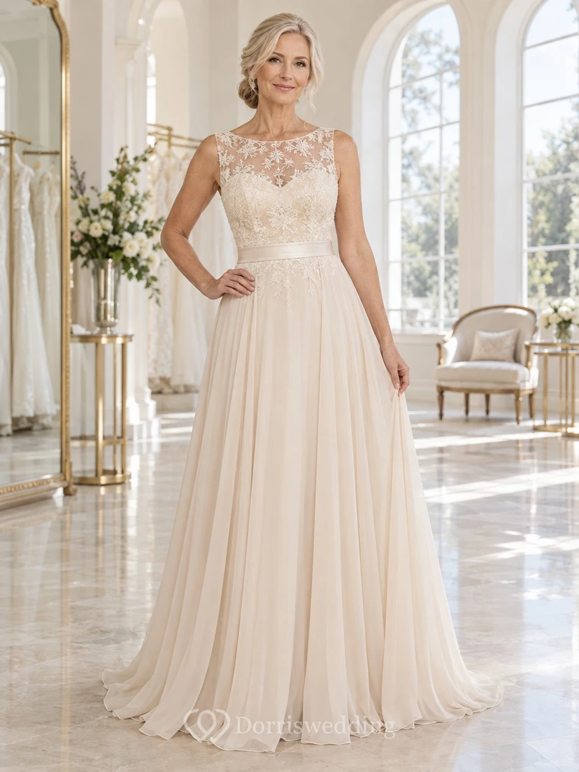Champagne Sleeveless Wedding Dress for Older Brides with Lace Bodice Satin Waist and Chiffon Train