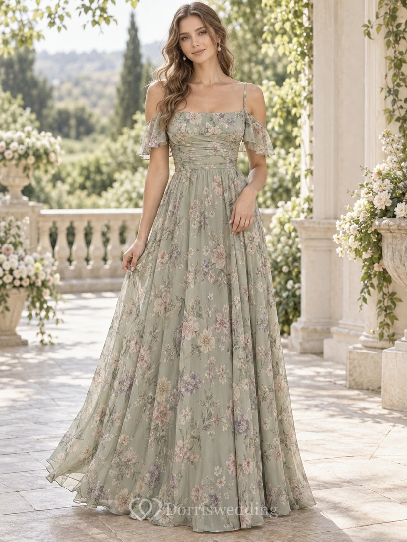 Vestido de dama de honor de gasa largo hasta el suelo, color verde salvia, con escote cuadrado y mangas acampanadas, estampado floral discreto y delicado.