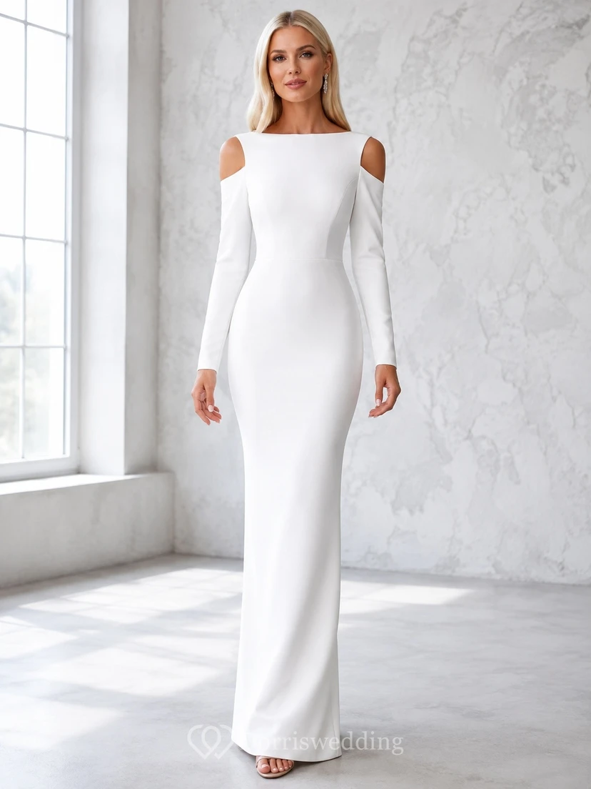 Bridal Sultry Off-Shoulder Jersey Long-Sleeve Sheath Floor-Length Wedding Dress