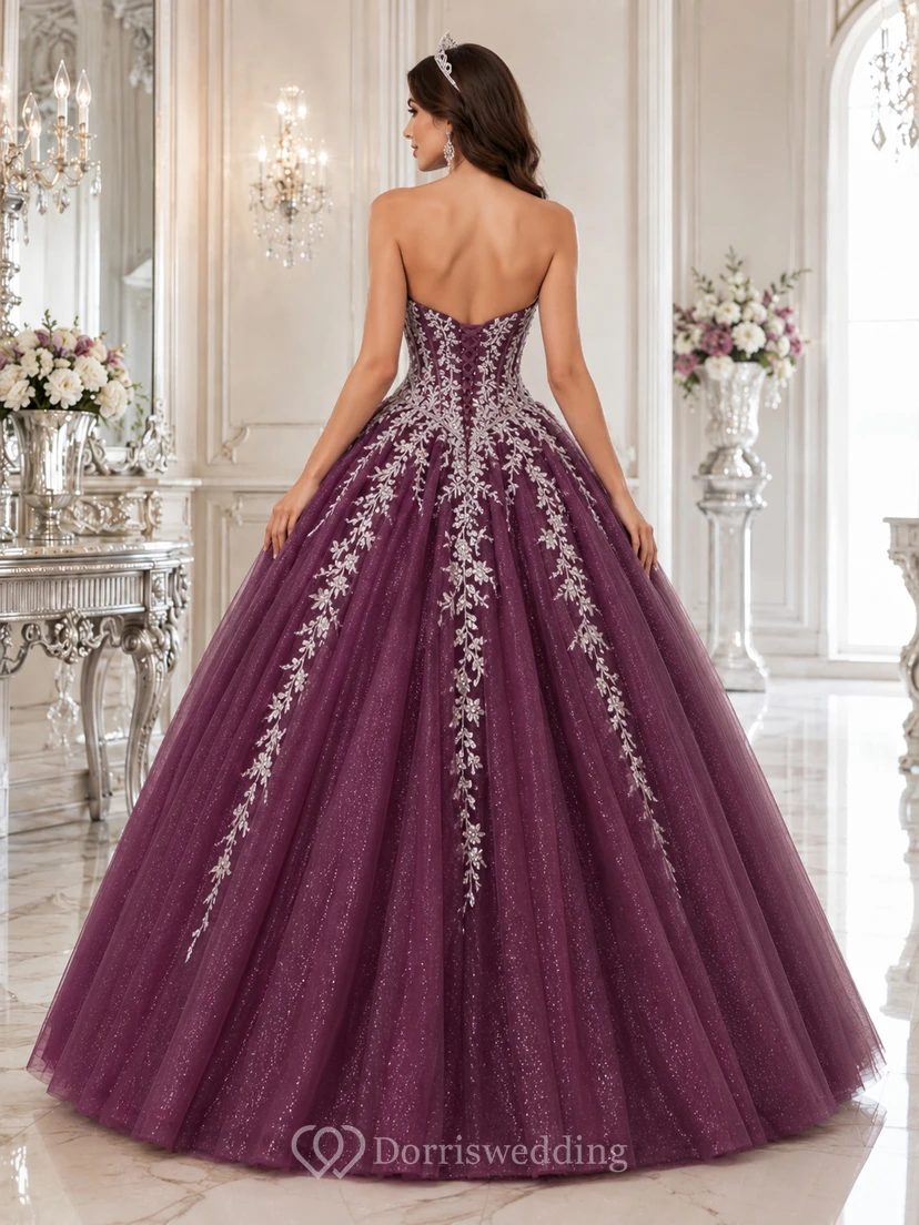 Plum Silver Luxury Strapless Sweetheart Glitter Sweet Sixteen Princess Formal Ball Gown view 2
