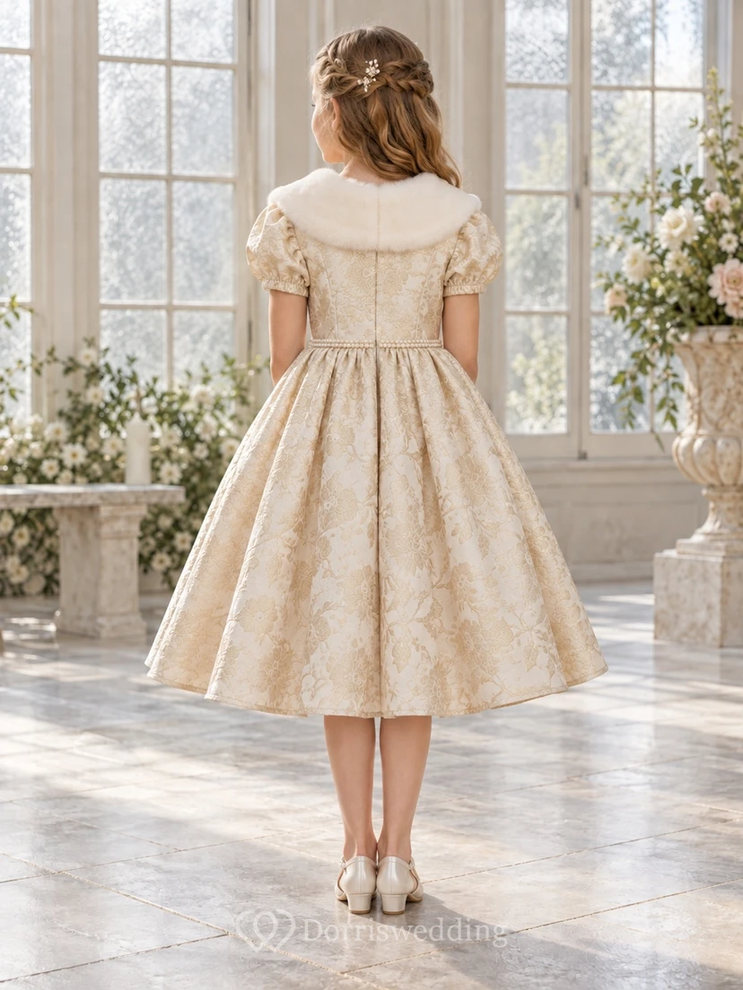 Teelanges champagnerfarbenes Blumenmädchenkleid mit Pelzkragen, Puffärmeln und floralem Brokatmuster view 2