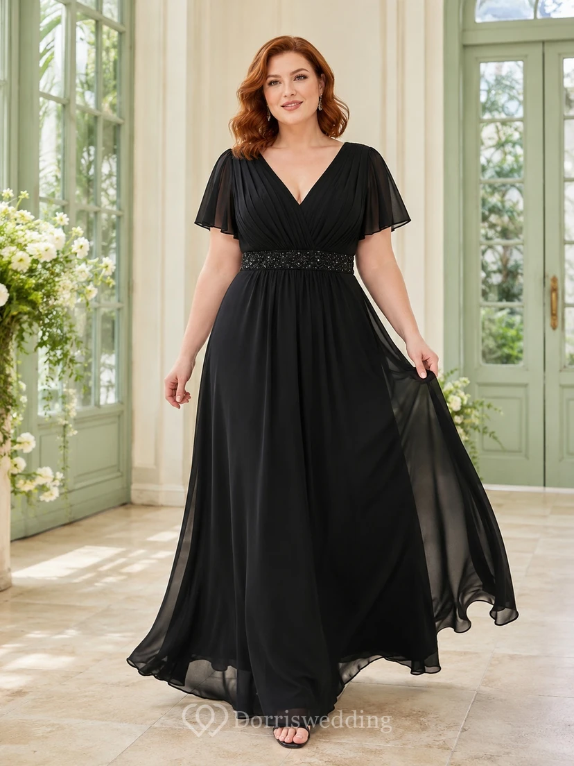 Plus Size Black V-Neck Flutter Sleeve Chiffon A-Line Floor-Length Evening Gown