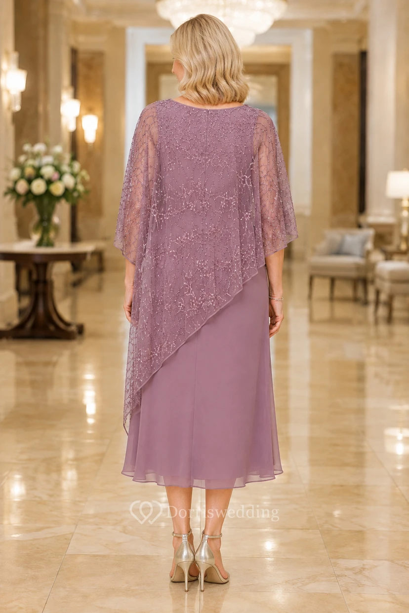 Mauve Tea-Length Mother Dress with Lace Poncho Overlay view 2