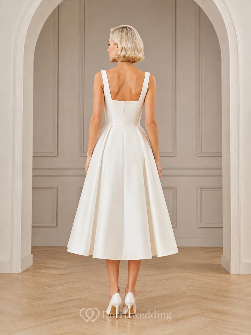 Simple Bridal Satin Square Neck Sleeveless Tea-Length A-Line Wedding Dress view 2