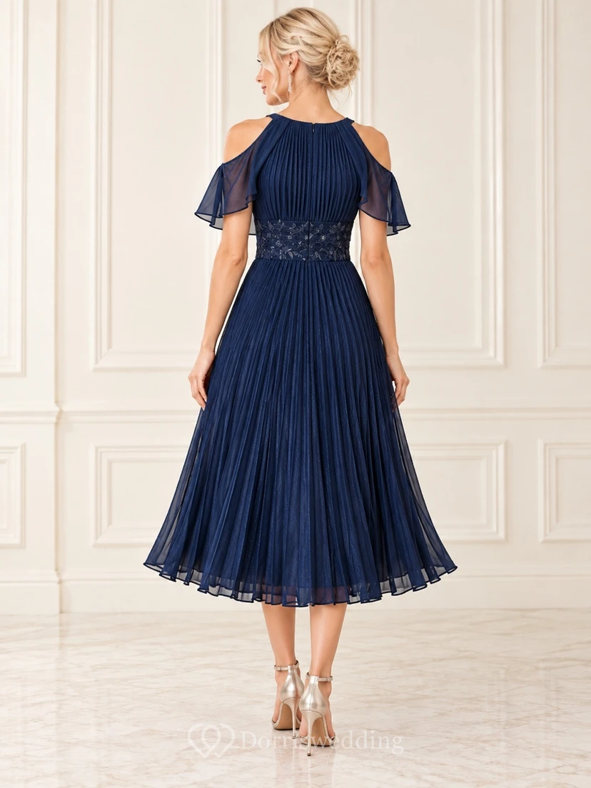 Tea-length Dark Navy Keyhole Cutaway Shoulder Beaded Waist Formal Dress view 2