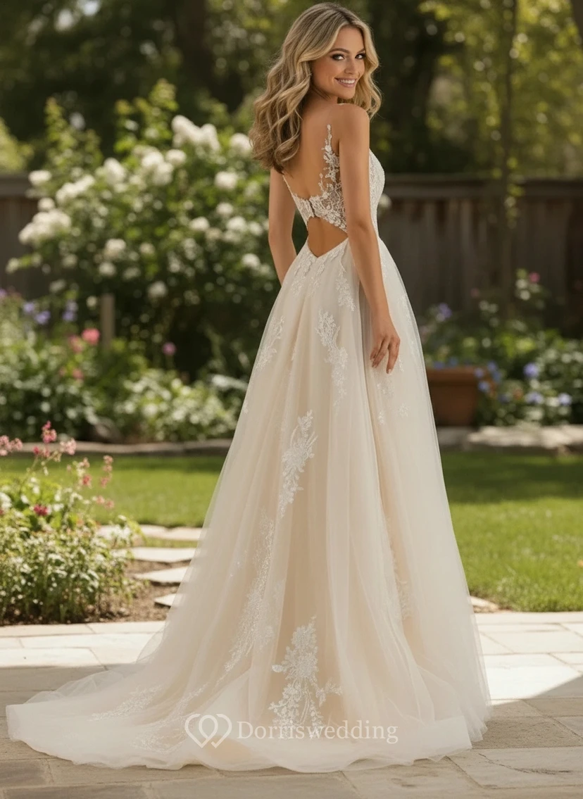 Ethereal Tulle V-Neck Floral Embroidery A-Line Wedding Dress view 2