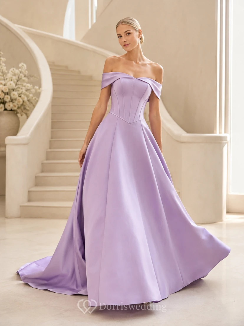 Robe de mariée lavande en satin plissé à épaules dénudées et traîne courte