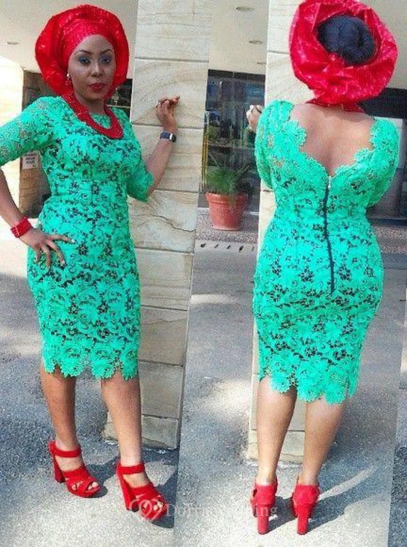 Green Half Sleeve Cocktail Dress Lace Sheath