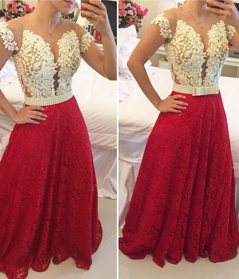 Sexy A-line Lace Appliques Prom Dress Pearls Cap Sleeve