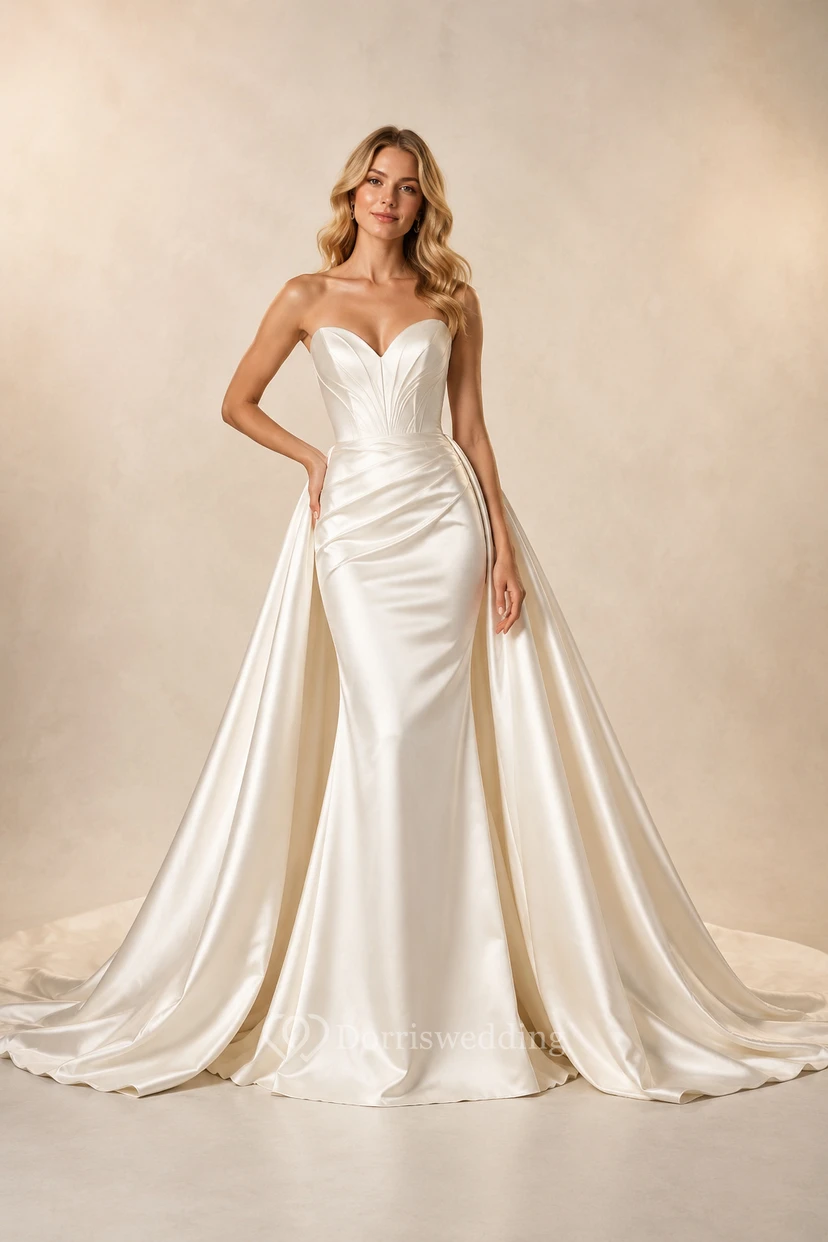 Trägerloses Brautkleid im Meerjungfrauenstil aus Satin mit drapiertem Überrock und Schleppe