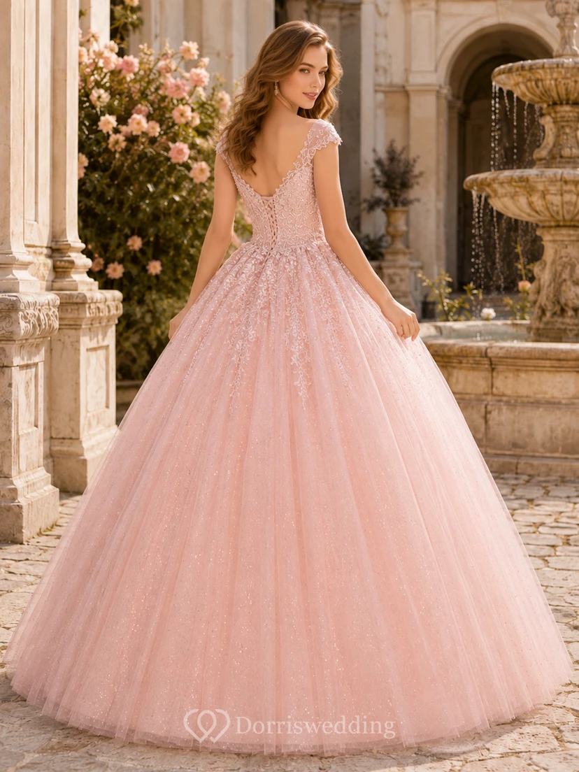 Blushing Pink Luxury Cap Sleeve V Neck Applique Glitter Tulle Quinceanera Ball Gown view 2