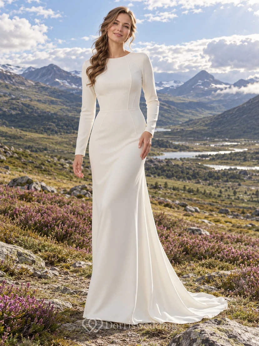 Vestido de novia de crepé de manga larga con escote barco, corpiño con paneles y cola.