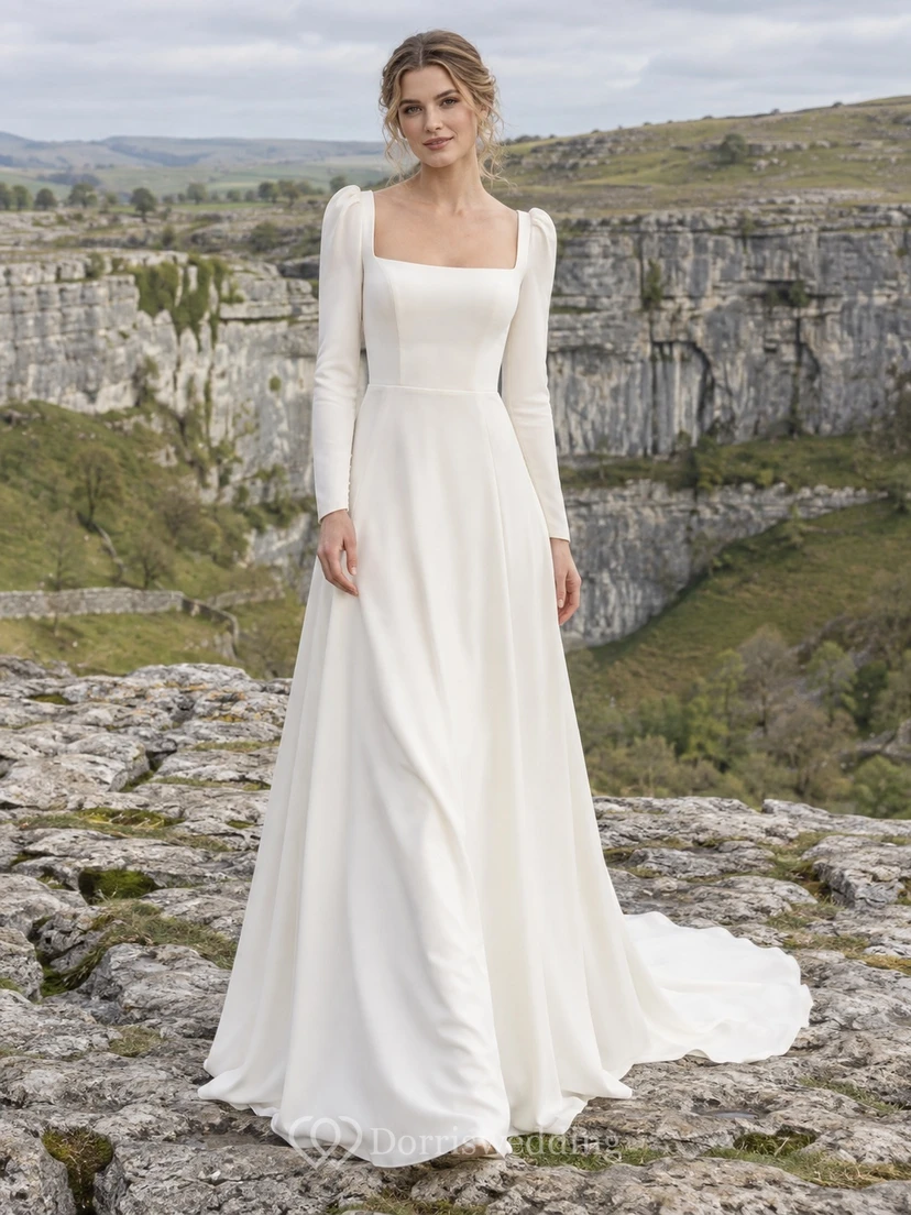 Vestido de novia sencillo y modesto de estilo vintage, corte en A, escote cuadrado, manga larga y cola.
