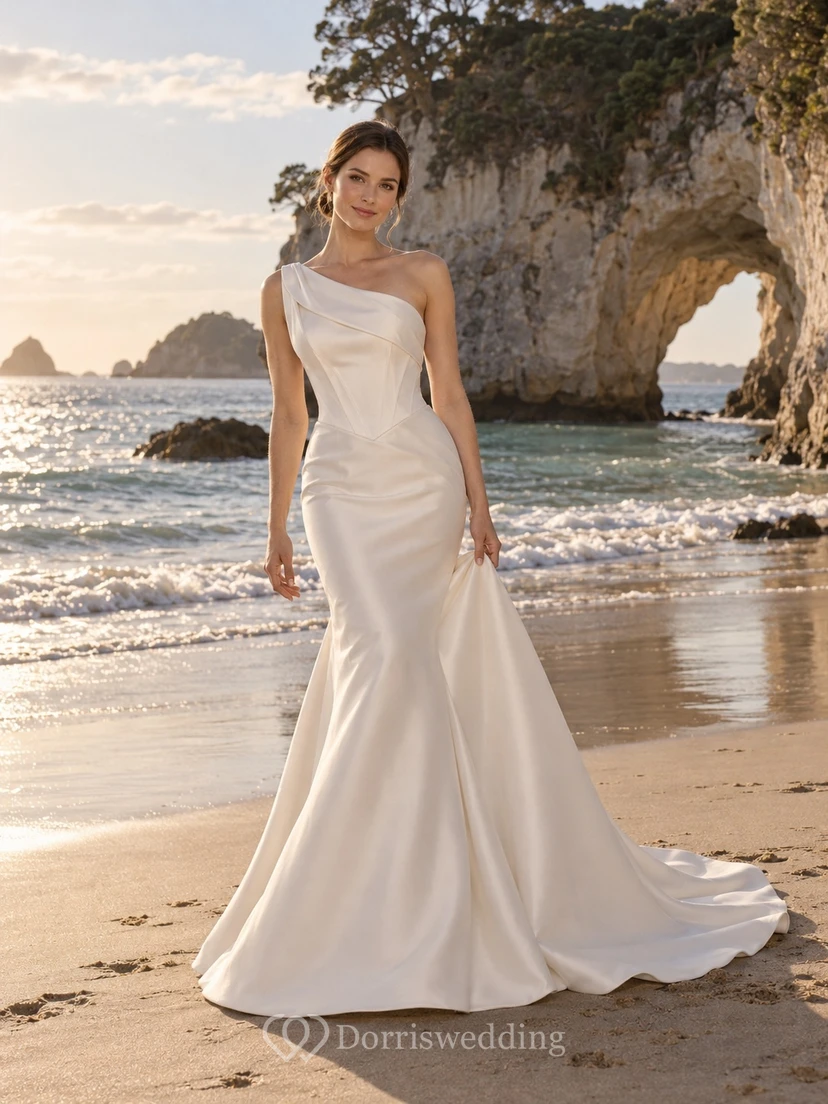 Schlichtes, einseitig schulterfreies Brautkleid aus Satin im Meerjungfrauenstil mit seitlicher Drapierung und Schleppe