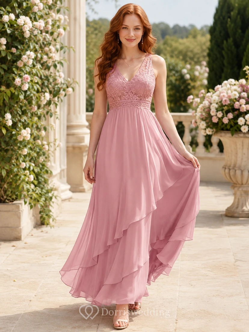 Dusty Rose Empire V-Neck Lace Tiered Chiffon Floor-Length Guest Dress