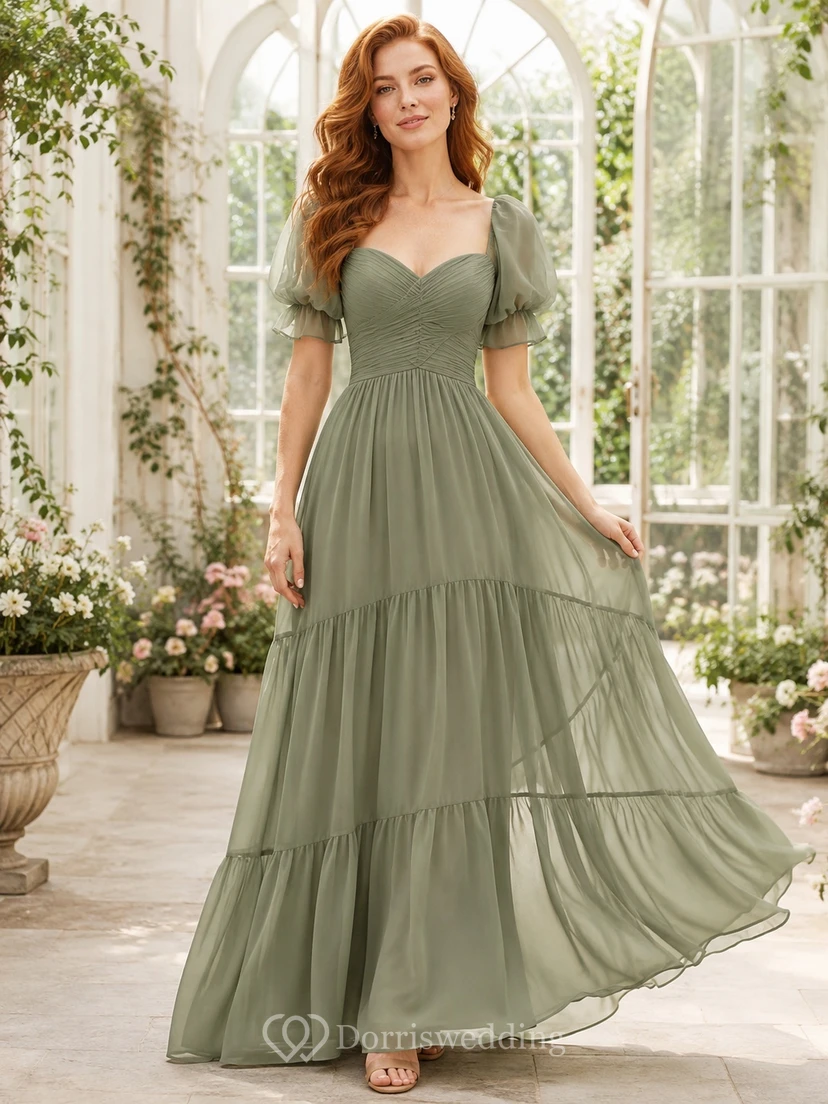 Sage V-Neck Short Sleeve Chiffon A-Line Floor-length Tiered Garden Dress