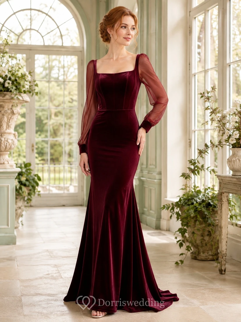 Burgundy Vintage Velvet Square Neck Illusion Long Sleeve Mermaid Floor-length Elegant Gown
