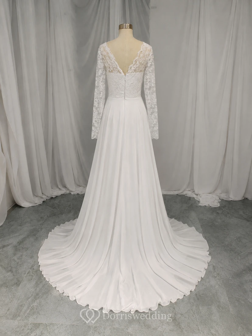 Lässiges Chiffon-Hochzeitskleid mit V-Ausschnitt und langen Ärmeln view 8