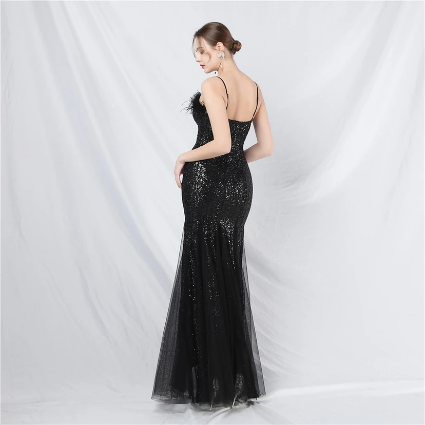 Craft Ostrich Feather Mesh Sequined Long Evening Dress view 60