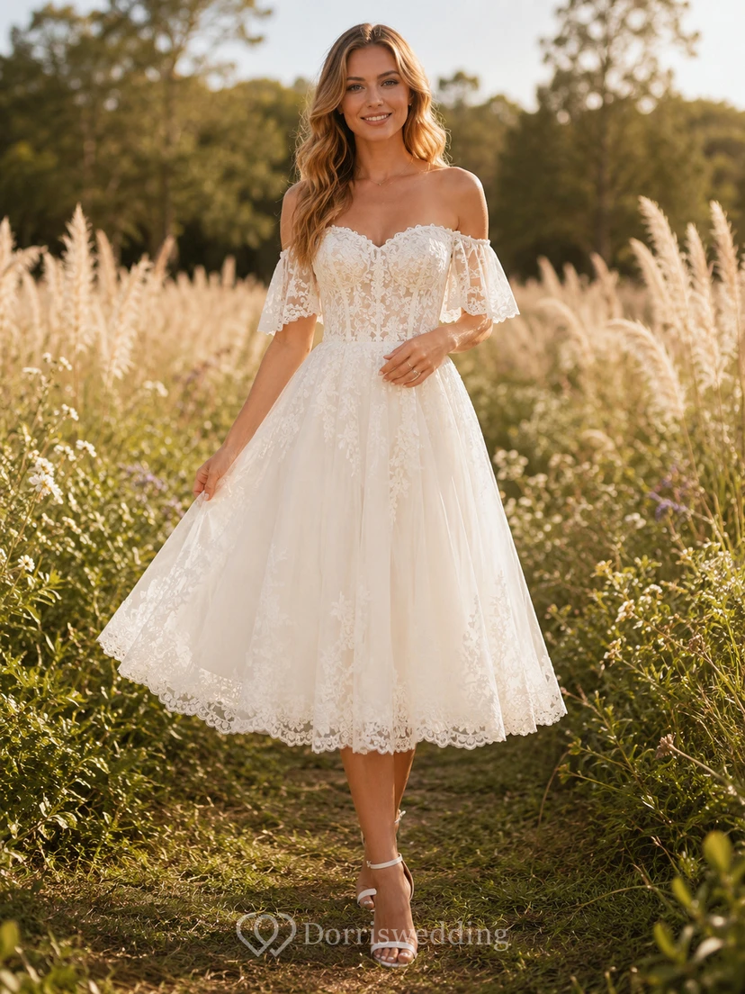 Bohemian Tea-Length Off Shoulder Lace Tulle Garden Romantic Wedding Dress