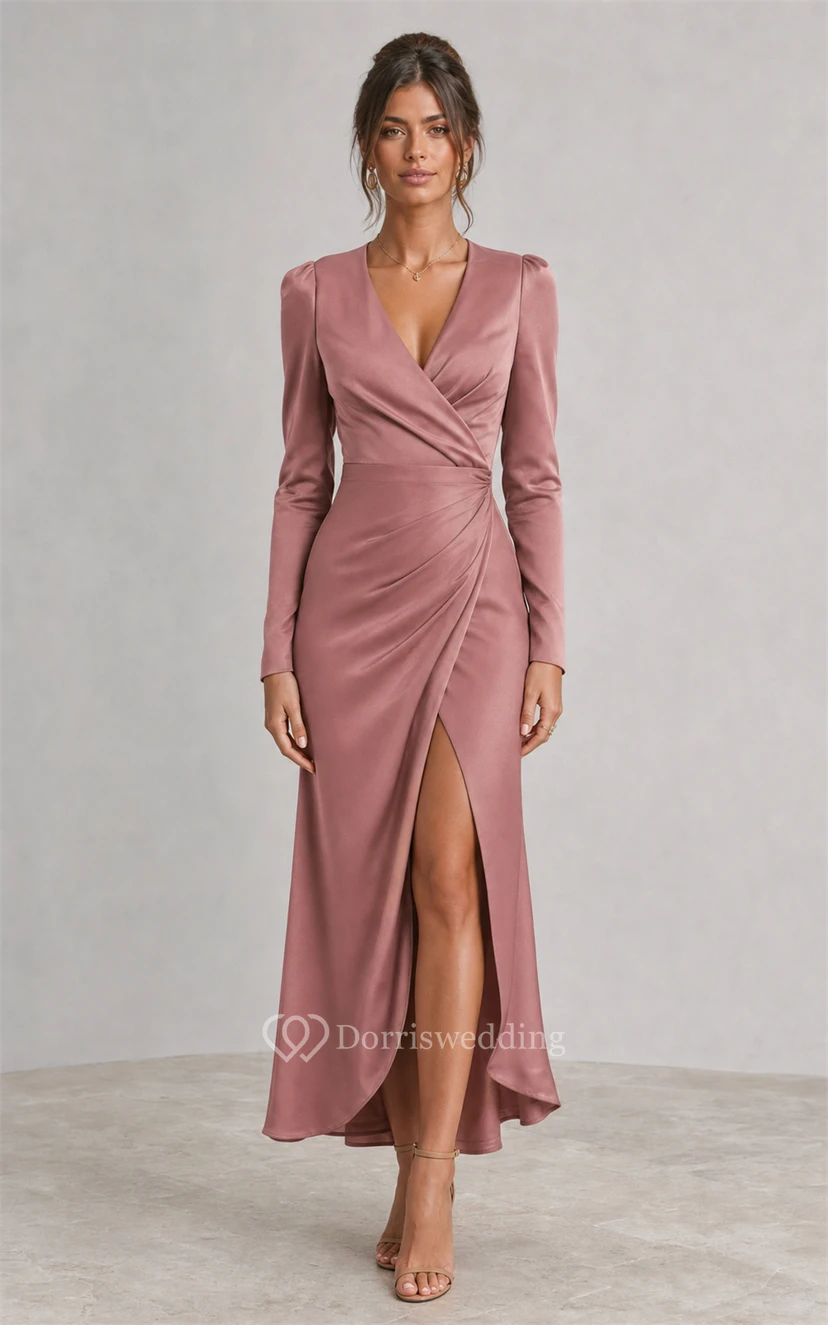 Dusty Rose Satin Wrap Long Sleeve Floor-Length Sheath Dress with Split
