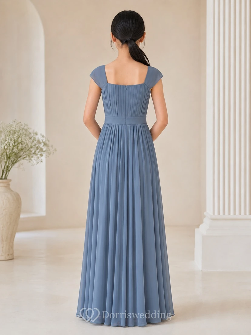 Steel Blue Junior Bridesmaid Dress A-Line Square Short Sleeve Pleated Simple view 2