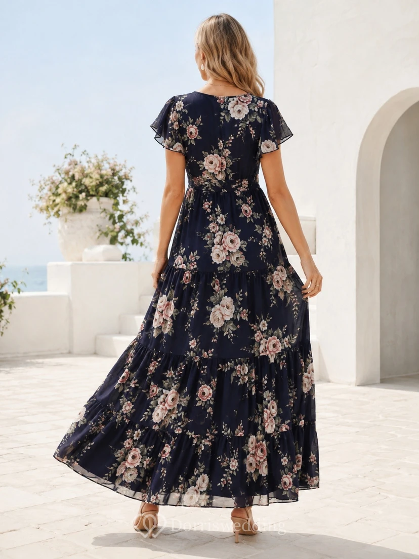 Dark Navy Floral Chiffon V-neck Short Sleeve Tiered Maxi Dress view 2
