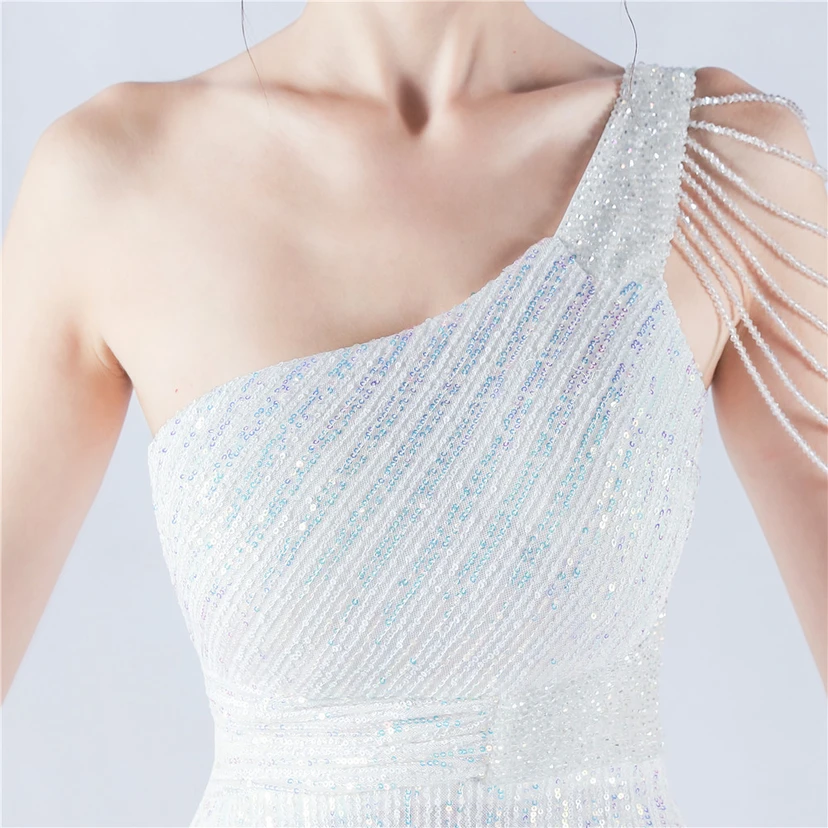 Heavy Beaded One-Shoulder Oblique Collar High Fork Sequin Dinner Dress view 35