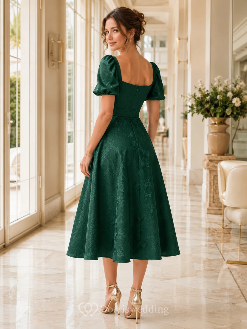 Robe midi élégante et formelle en dentelle jade à manches bouffantes et décolleté cœur view 2