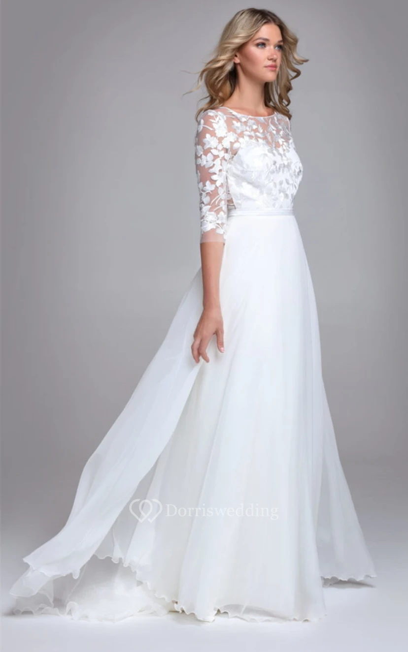 Elegantes A-Linien-Hochzeitskleid aus Chiffon mit U-Boot-Ausschnitt und Schleppe sowie Applikationen view 3