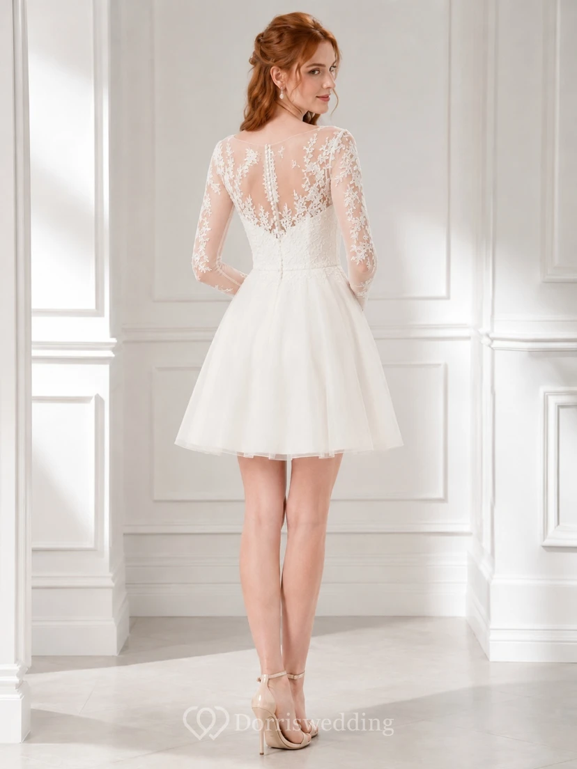 Illusion Lace Bateau Long Sleeve Tulle Short A-Line Wedding Dress view 2