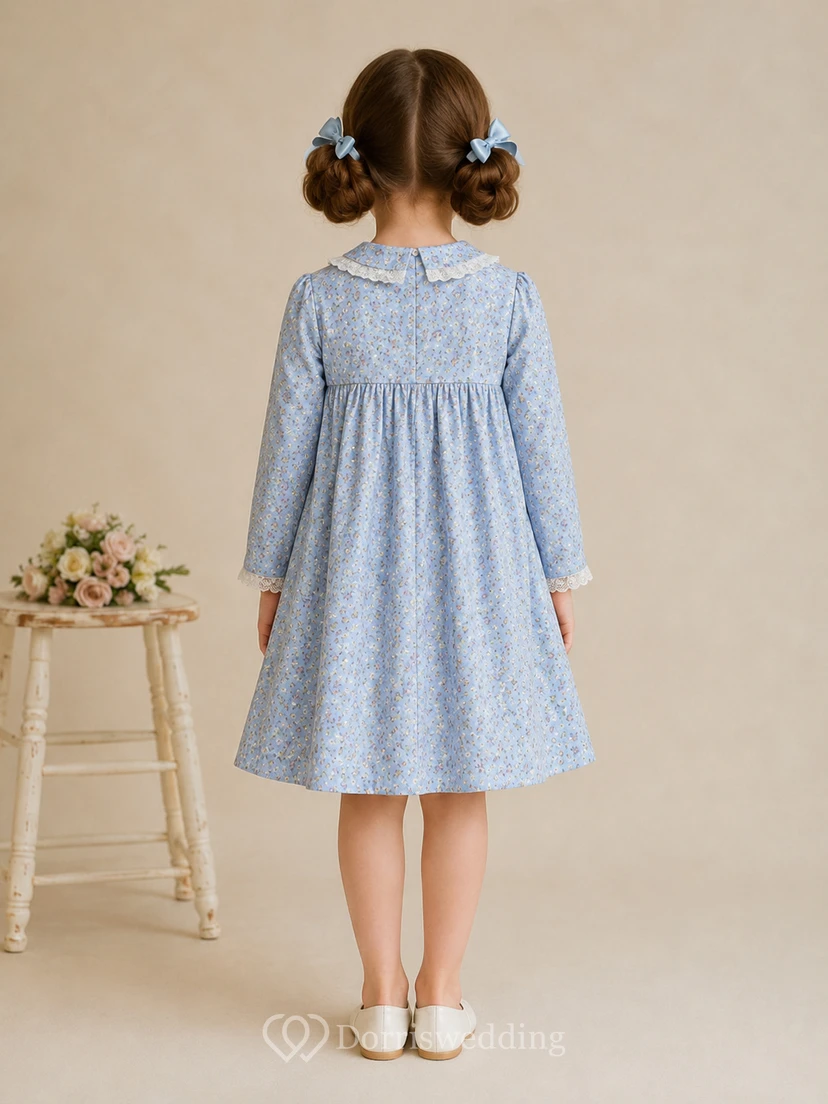Robe de demoiselle d'honneur bleu ciel en mousseline, coupe trapèze, manches longues simples, encolure bijou et jupe longueur genou à plis souples. view 2