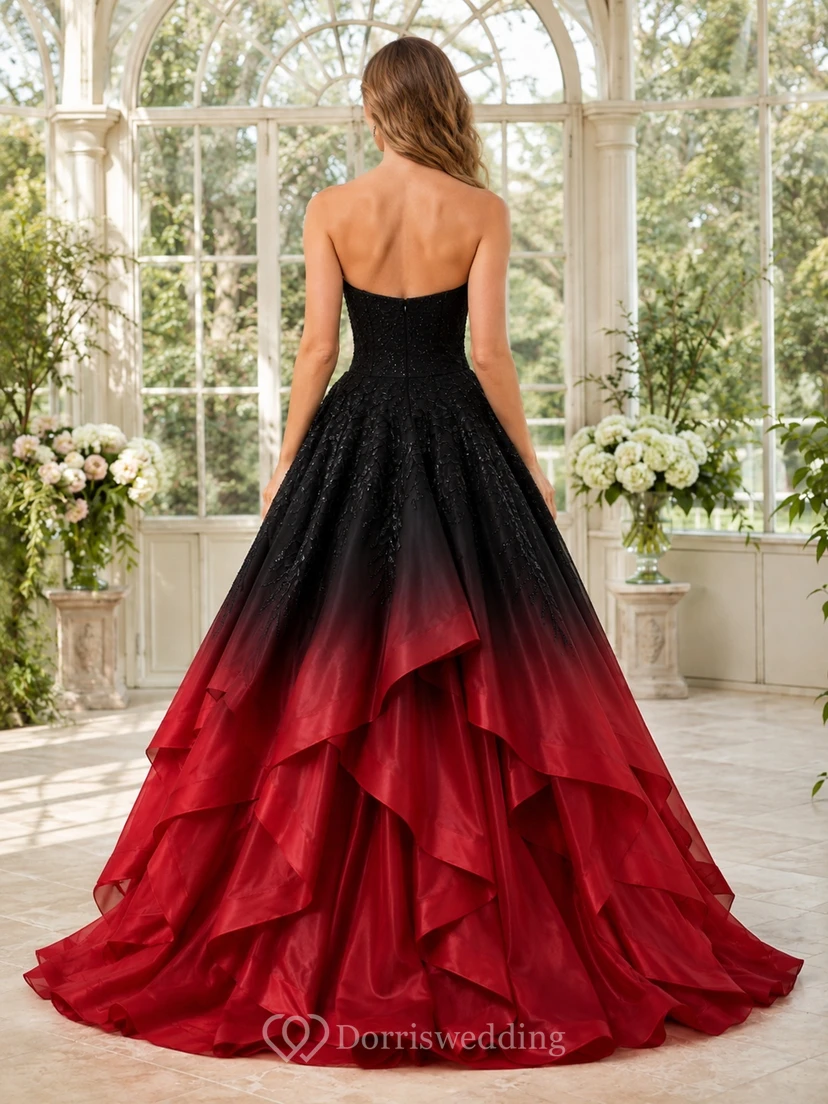 Black Red Strapless Sweetheart Applique Ruffled Ball Gown Floor-Length Quinceanera Dress view 2